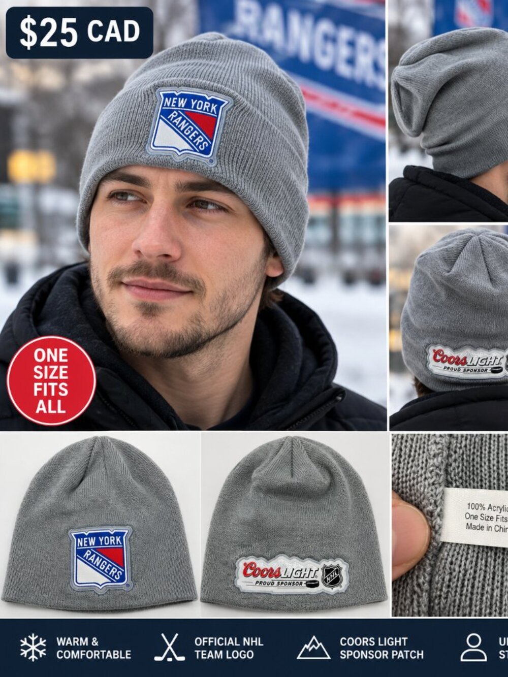 🏒 New York Rangers NHL Coors Light Grey Knit Beanie Toque – OS